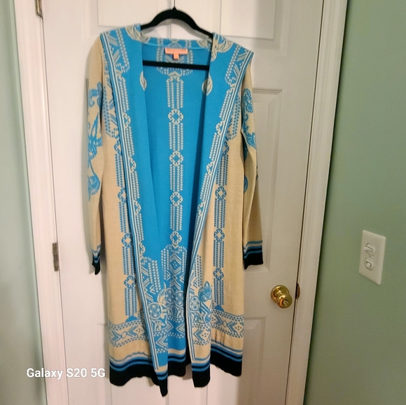 Peachpuff long cardigan, size Medium colors turquoise, light tan, black. - Picture 2 of 6